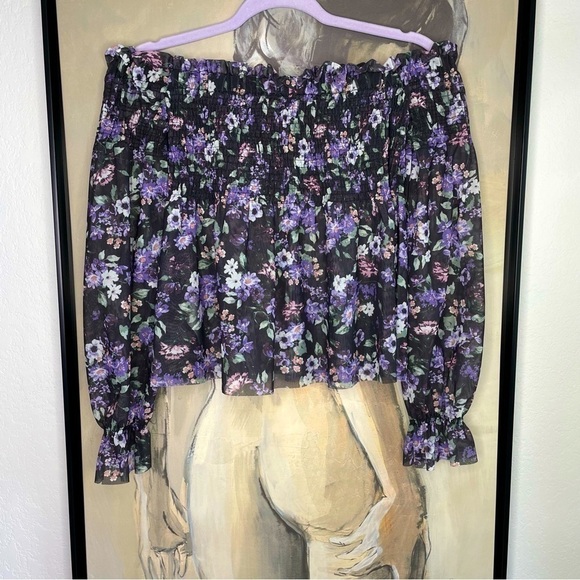 Gina Tricot Sheer Mesh Smocked Floral Peasant Crop Top - Picture 1 of 6